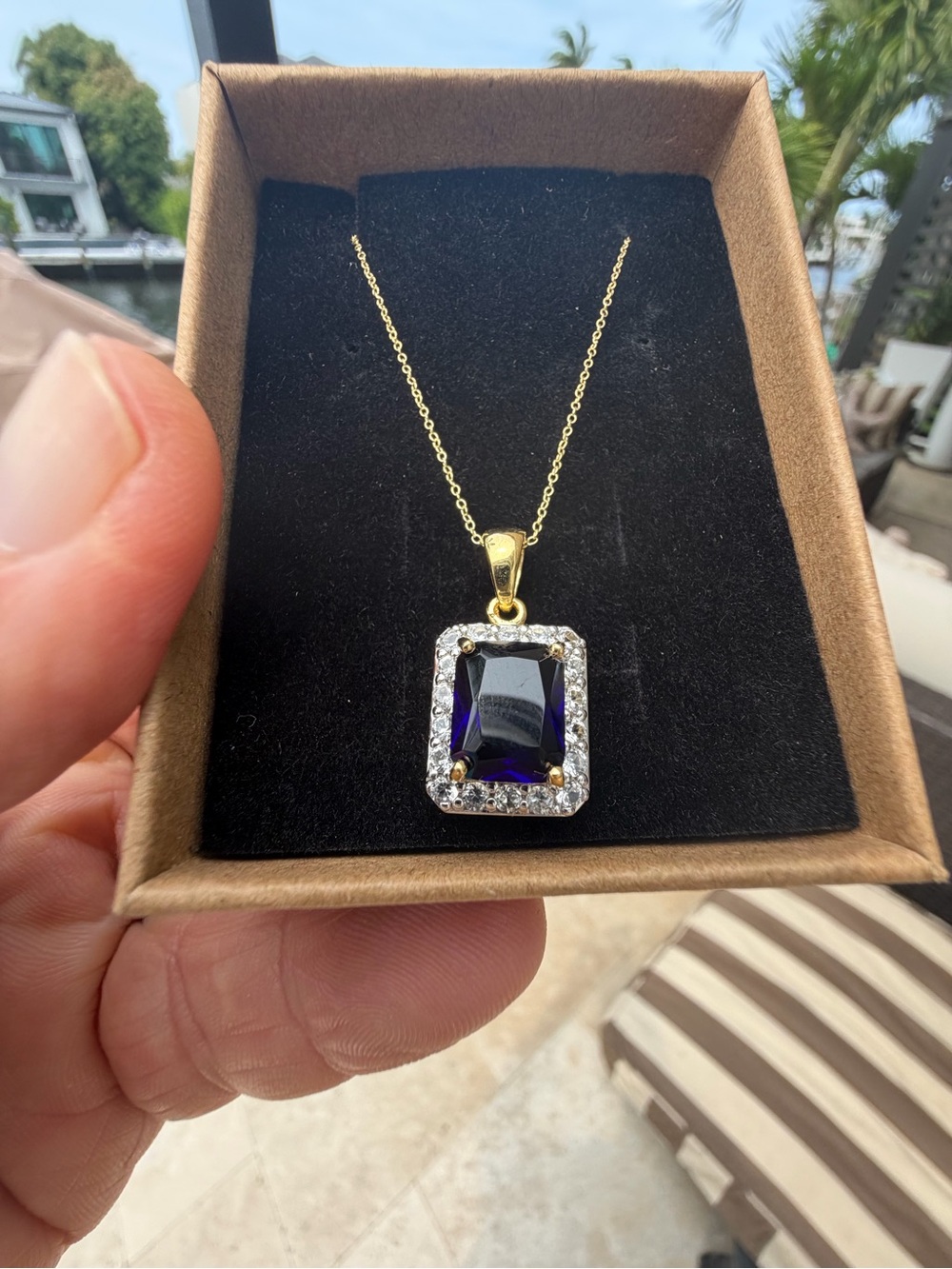 Gold-Tone Necklace with Amethyst Rectangular Pendant and Diamond Halo